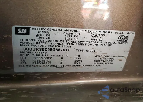 2014 Chevrolet Silverado K1500 Ltz z USA, uszkodzony, nr VIN 3GCUKSEC0EG367011